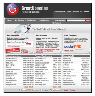 GreatDomains - Premium Domains aus dem USA Markt. Eine Tochter der Firma Sedo.
